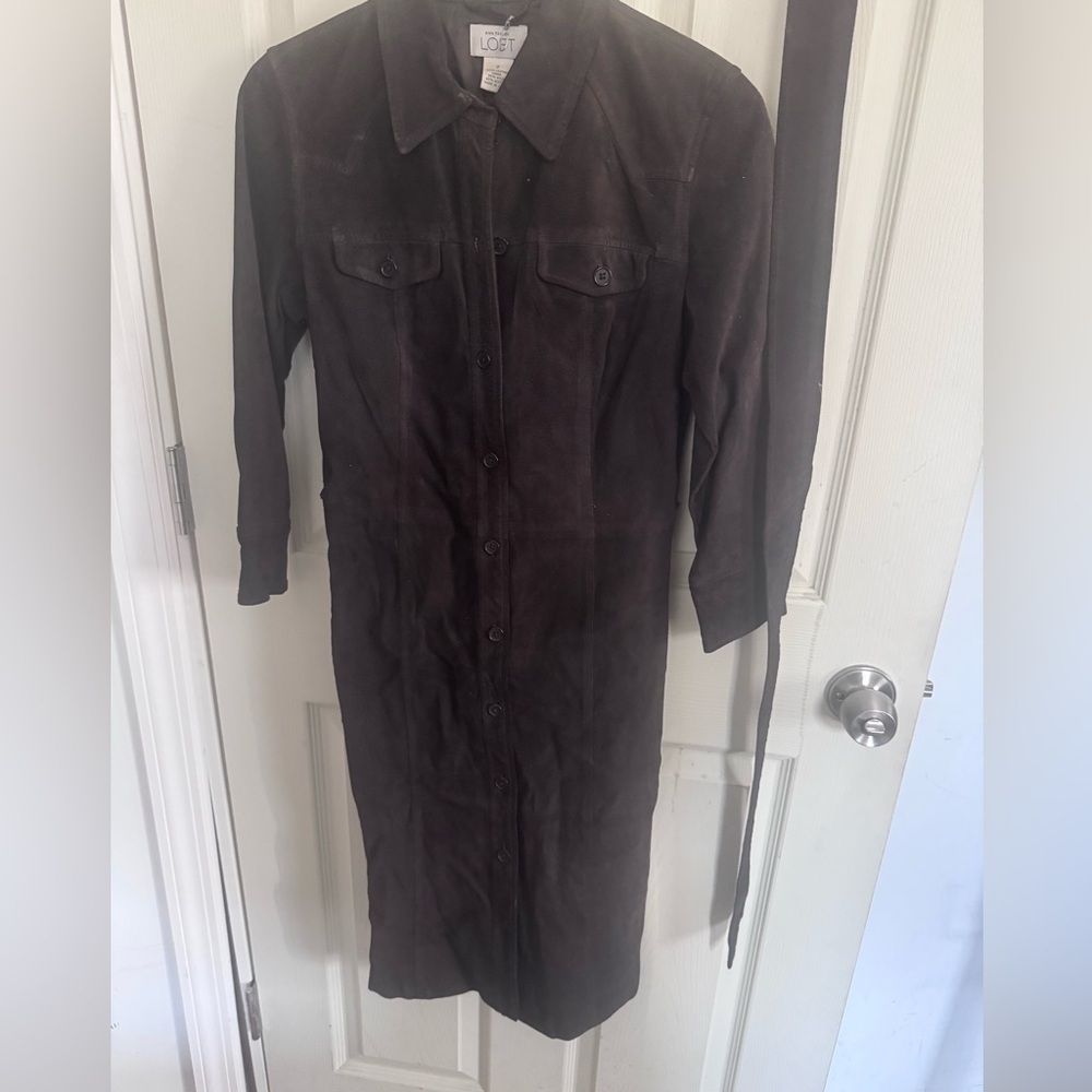 Vintage Y2K The Loft Suede Chocolate Brown 100% Leather Dress with Belt Size 2